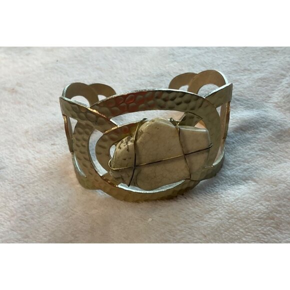 Hammered Gold-Tone Cuff Bracelet Matte Oval White Stone Boho Adjustable - Picture 10 of 11